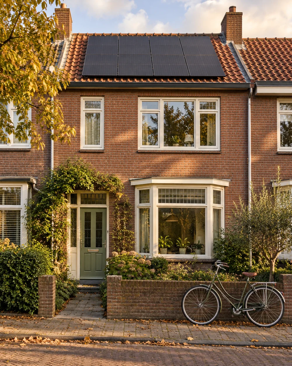 Sfeerbeeld van een Nederlandse bakstenen woning met zonnepanelen